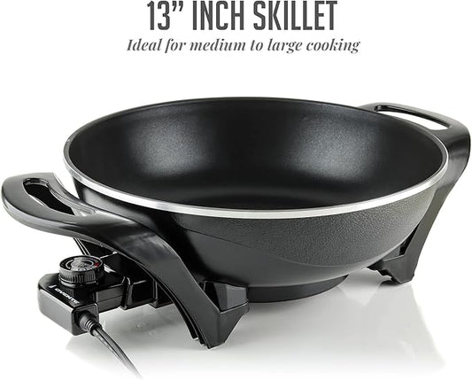 OVENTE Electric Wok with Nonstick Coating, 13 Inch Family-Sized Skillet, 1400W Power, Adjustable Temperature, Tempered Glass Lid, Cool Touch Handles and Easy to Clean Frying Surface, Black SK3113B