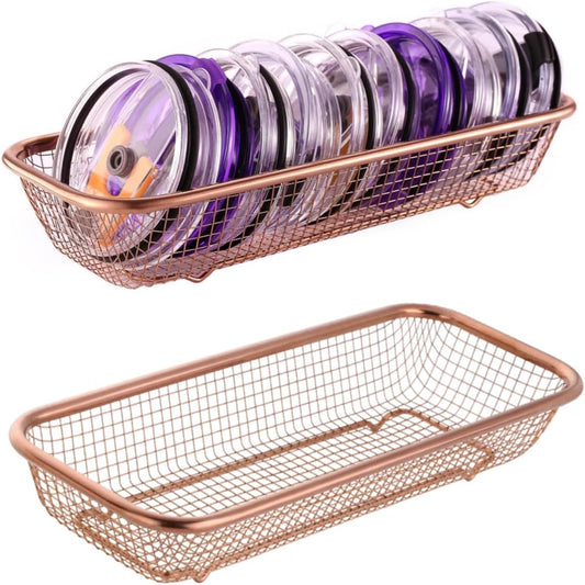 2Pack Stainless Steel Tumbler Cup Lid Organizer Inside Cabinet, Mason Jar Lid H, Rectangular Basket for Storage of Silverware, Chopsticks, straws and Utensils, Rosegold