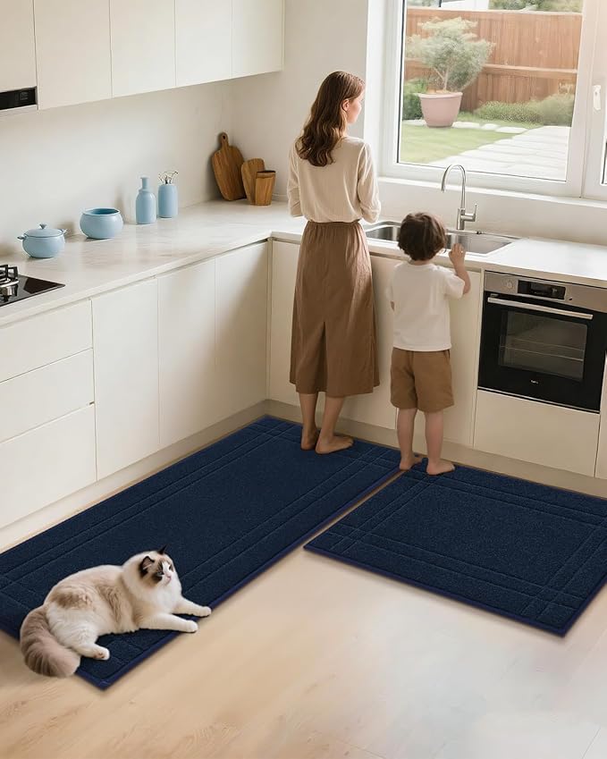 JSEI Kitchen Mats for Floor, Non-Slip Kitchen Rugs, Soft Washable Absorbent Kitchen Mats 2 PCS, Kitchen Runner Rug with TPR Backing, Polyester, 24"x36"+24"x60", Navy Blue