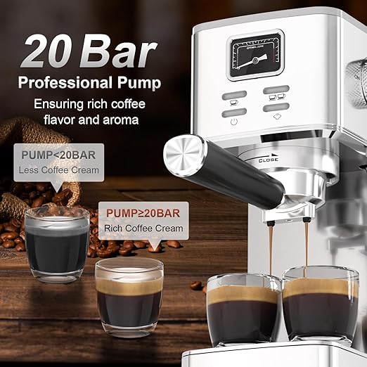 Electactic Espresso Machine 20 Bar, Compact Espresso Coffee Machine with Steam Milk Frother & 47oz Removable Water Tank, Hot Water Function for Home Cappuccino, Latte