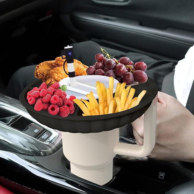 Stanley Snack Tray with Lid and Straw Covers Cap，Compatible with Stanley Cup 40 oz, Stanley Cup Accessories for Car Cup Holder, Home, Party,Outdoor，Silicone Snack Bowl Black