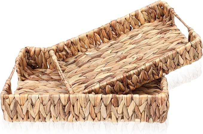 2 PCS Wicker Tray, Hyacinth Storage Baskets with Handle Shallow Basket Handmade Woven Tray Small Wicker Baskets Rectangular for Bathroom, Living Room and Kitchen Decoration or Storage