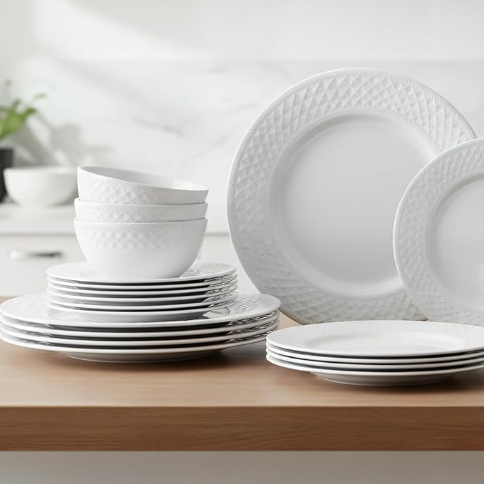 18-Piece Bone China Dinnerware Set for 6, White Porcelain Plates and Bowls with Textured Design, Lightweight Microwave Dishwasher Safe for Family Dining