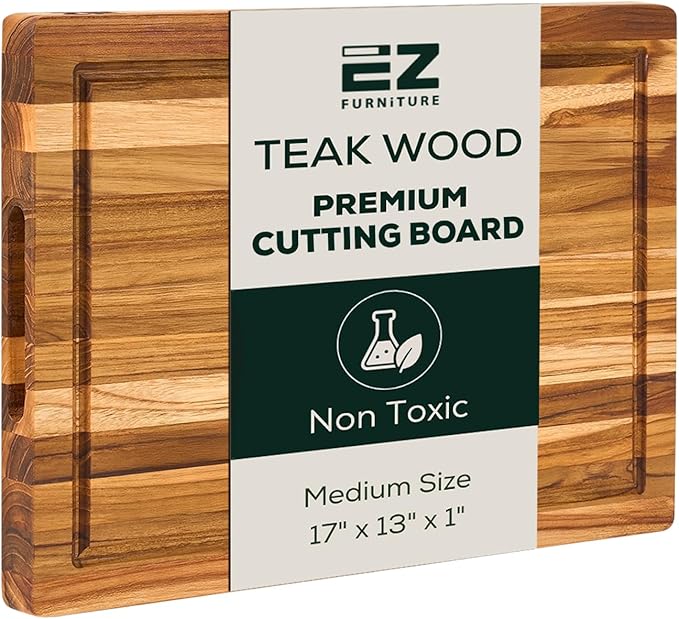 EZ FURNITURE Medium (M) Teak Wood Premium Cutting & Serving Board, Edge Grain with Juice Groove & Handles, Knife Friendly, Pre-Oiled with Food-Grade Mineral Oil, Non-Toxic (17" x 13" x 1", 5.07 lbs)