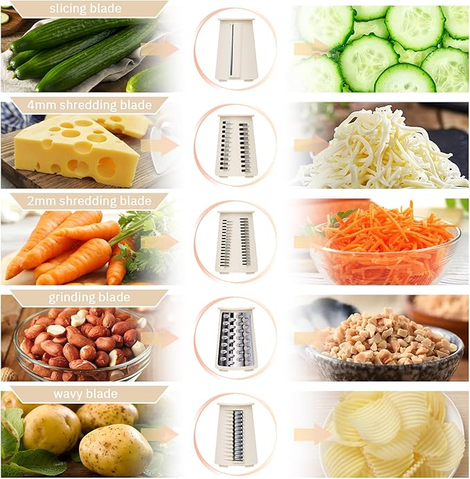 Manual Rotary Cheese Grater with Handle, 5 in 1 Replaceable Stainless Blades Cheese Shredder,Strong Suction Base Vegetable Slicer with Cleaning Brush & Bonus Storage Box for Blades (white)