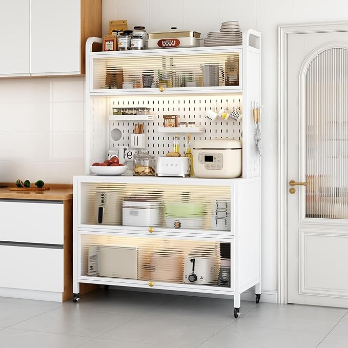 Large Kitchen Bakers Rack, 5-Tier Corner Microwave Stand with Storage, Coffee Bar with 6 S-Shaped Hooks, Open Kitchen Storage Shelves for Spices, Pots and Pans, White