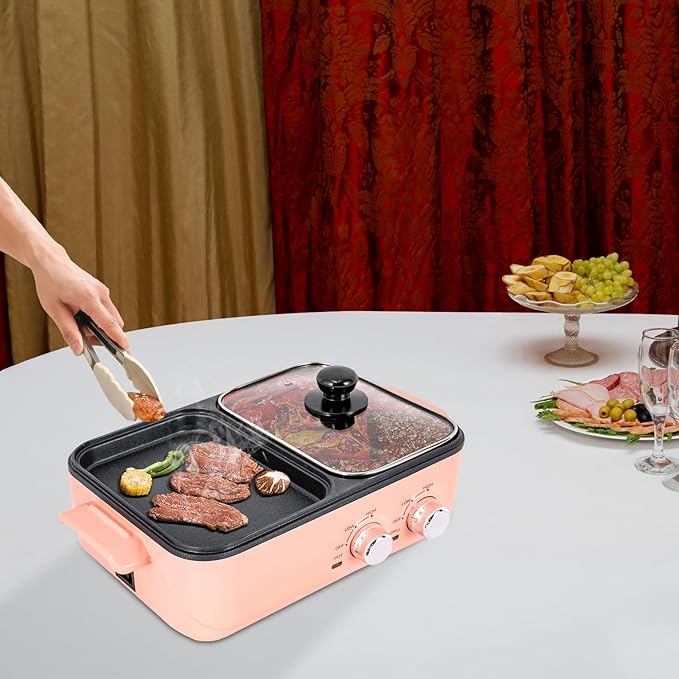 1500W Electric Hot Pot with Grill, 2 in 1 Indoor Korean BBQ Grill & Electric Hot Pot Shabu Shabu Pot, Independent Dual Temp Control Non-Stick Pan for 2-4 People