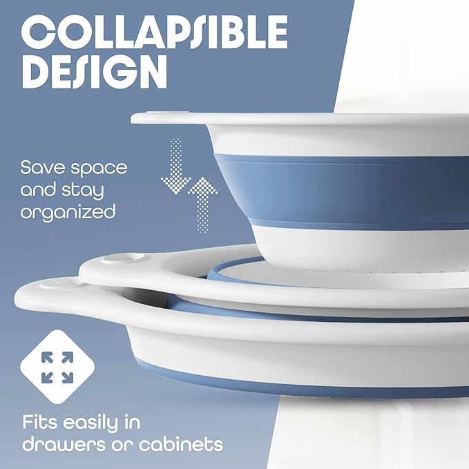 Collapsible Colanders (3 Pack Set) Food Strainers with Over-Sink Water Draining Base for Pasta Fruits and Vegetables, White/Blue (3 Sizes, 3QT, 4QT and 5 Quart)
