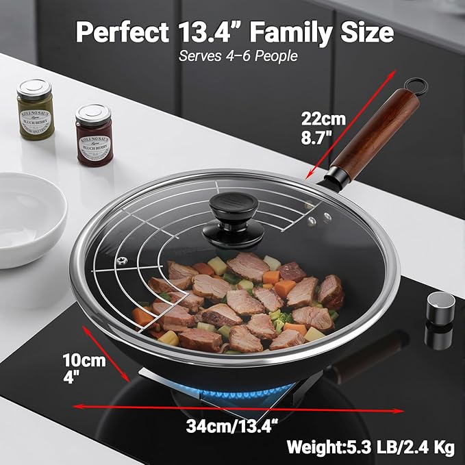 Abangdun Carbon Steel Wok Pan, Nitrided Pre-Seasoned Round Bottom Woks & Stir-Fry Pans Nonstick, Chinese Wok with Glass Lid & Steel Rack for Gas for All Concave Stovetops, Gift for Chef - 13.4"