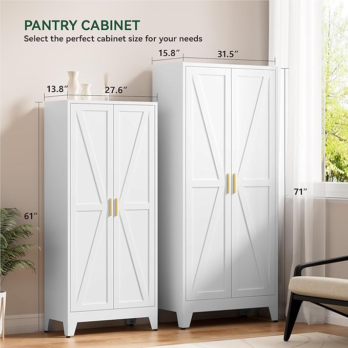 Kitchen Pantry Cabinet with Barn Doors,61" H x 27.5" W,Metal Farmhouse Storage Cabinet with Adjustable Shelves,4-Tier Storage Cabinet for Kitchen Dining Room Garage Office,White