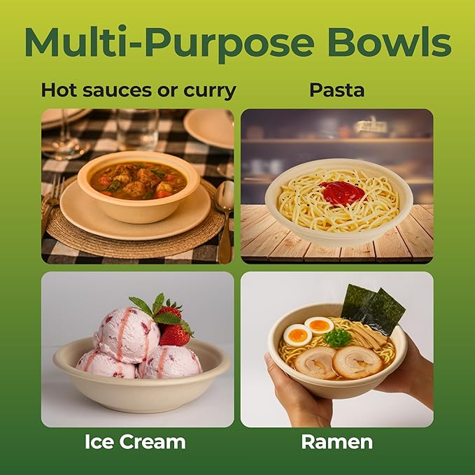 Dtocs Bamboo Fiber Disposable Bowls – 28 Oz, 70 Pk | Eco Friendly Large Bowl | Microwave Safe Bagasse Bowl for Soup, Dessert, Salad bowls | Disposable Dinnerware Alt to Paper, Plastic