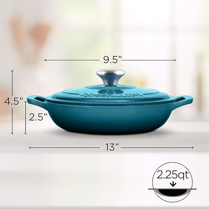 ROSSALLINI Signature Enameled Cast Iron Braiser, Non-Stick Serving Pot with Tight Fitting Lid for Perfect Roasting, Baking, Sauteing, Searing, and Pan Frying | 2.25Q (2.1L) - Ocean Blue