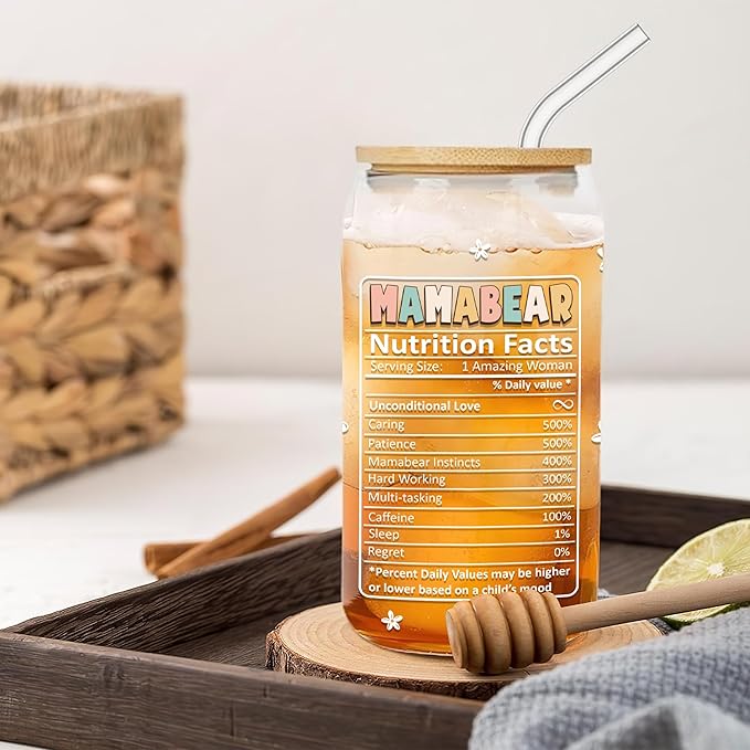 Gifts for Mom - Mama Bear 16 Oz Iced Coffee Cup with Lid and Straw Mom Glass Tumbler Mothers Day Travel Mugs Birthday Valentine Anniversary Christmas Thank You Gift for Women Mum Wife Coworkers