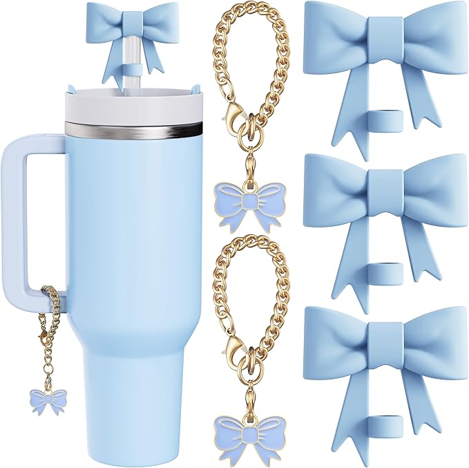 Compatible with Stanley Cup Accessories - 3Pcs 10mm Bow Straw Topper Compatible with Stanley Cup Straw Cover Cap, 2pcs Blue Bow Charms for 30&40 Oz Tumbler with Handle