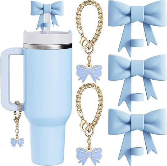 Compatible with Stanley Cup Accessories - 3Pcs 10mm Bow Straw Topper Compatible with Stanley Cup Straw Cover Cap, 2pcs Blue Bow Charms for 30&40 Oz Tumbler with Handle