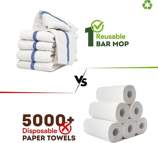 Bar Mops Blue Stipe Pack of 36 Kitchen Towels 16x19 Multi-Purpose for Home, Restaurant and Cleaning White Absorbent Washcloth Dishcloths Sets, Reusable Dish, Cloths Rags