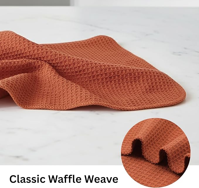 PurpleEssences Rust Dish Cloths and Dish Rags - 6 Pack Waffle Weave Solid Kitchen Dish Wash Cloths, 100% Cotton, 12 x 12 Inches, Ultra Soft Absorbent Quick Drying - Christmas Holiday Winter - Rust
