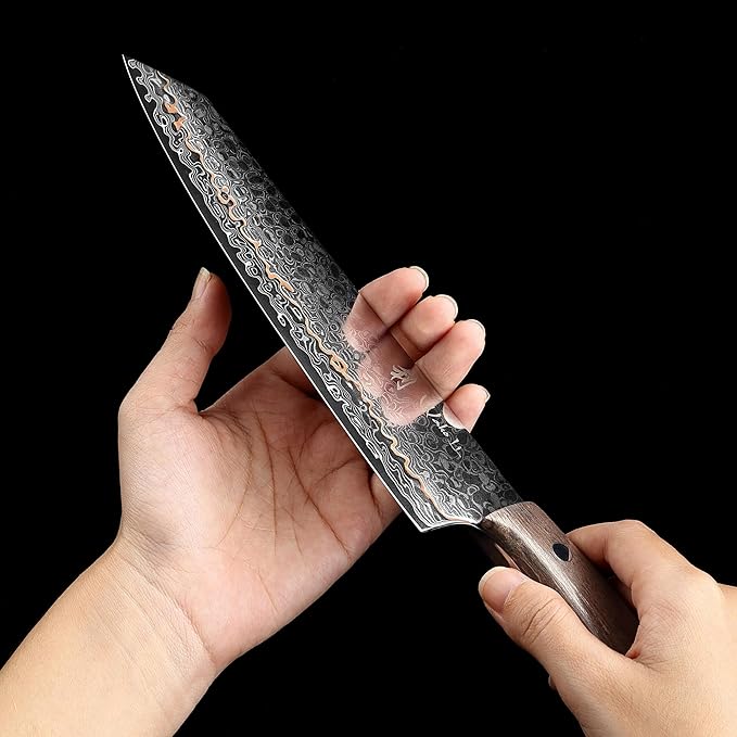 Wakoli Kawa Damascus Kitchen Knife Set, 3-Piece Professional Chef Knife Set with Copper Inlay | 67-Layer Damascus Steel with VG10 Core | Maple Stabilized Wood Handles | Gift Box