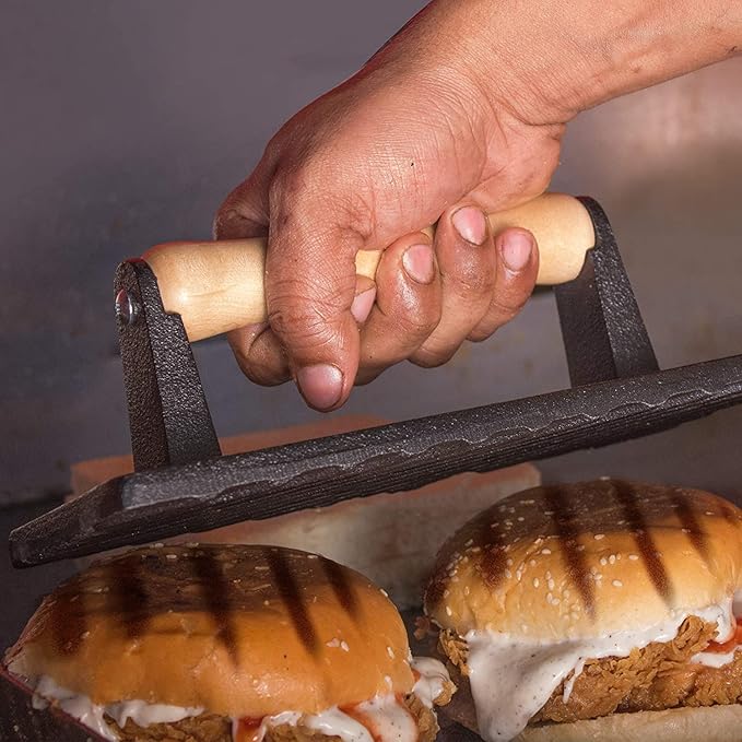 Radicaln Burger Press Rectangle 9" x 4.25" Inches Iron Grill Press with Wooden Handle - Heavy Duty Pre Seasoned - Meat Press, Sandwich & Bacon Press - Burger Press Patty Maker for Kitchen