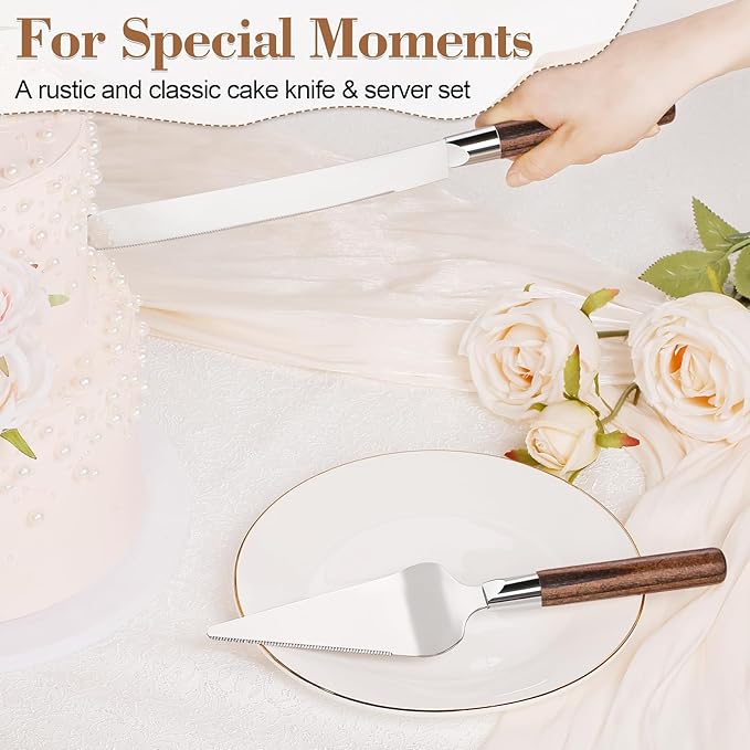 TUKDAK Cake Cutting Set for Wedding, Wood Cake Knife and Server Set, Vintage Pie Cake Cutter, Silver Pizza Dessert Utensils Bridal Anniversary Birthday Quinceañera Gift (Original Wood)