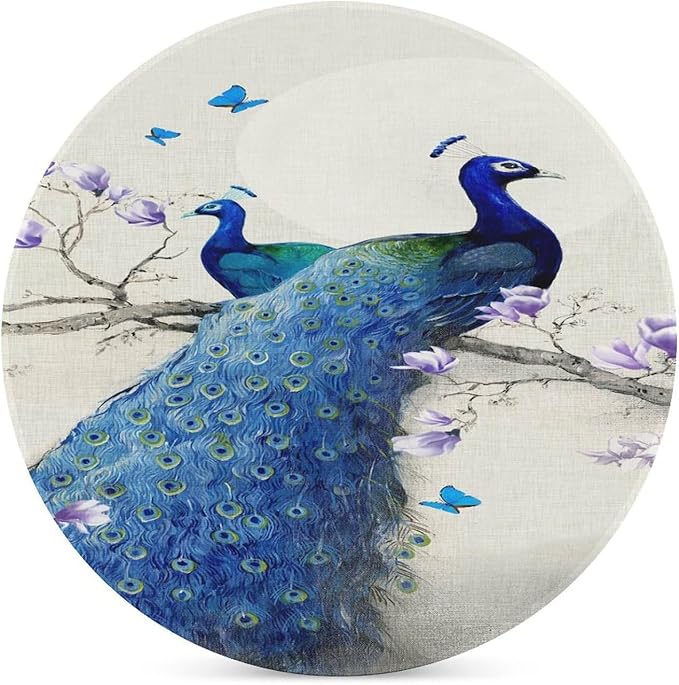 Peacock Drink Coasters, Round Ceramic Drink Coaster Round-6PCS, Vintage Style Beautiful Blue Peacock Floral Decor Absorbent Ceramic Coasters for Beverage Cup, Bar, Coffee Table