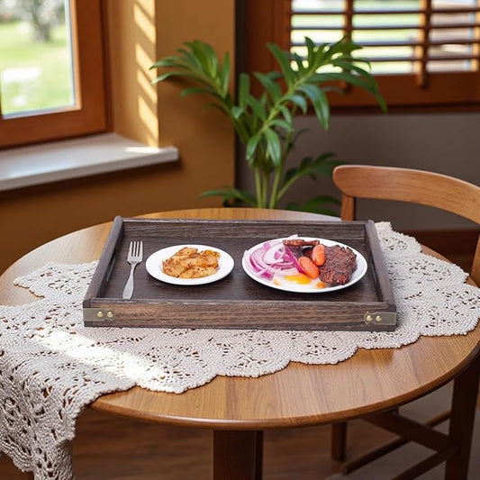 Wood Serving Tray with Handles - Set of 3, Wooden Tray for Food, Drinks, Snacks, Serving Trays for Breakfast in Bed, Dinner and Coffee Table