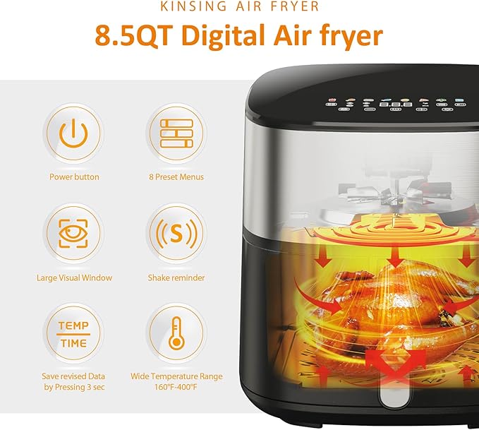 KINSING Air Fryer 8 in 1, XL 8.5 QT Large Airfryer with View Windows,MAX 400℉ for Crispy, 85% Less Oil, Fast Roast, Preheat, Shake, Bake, Non-Stick Basket for Easy Clean, With Professional Recipes