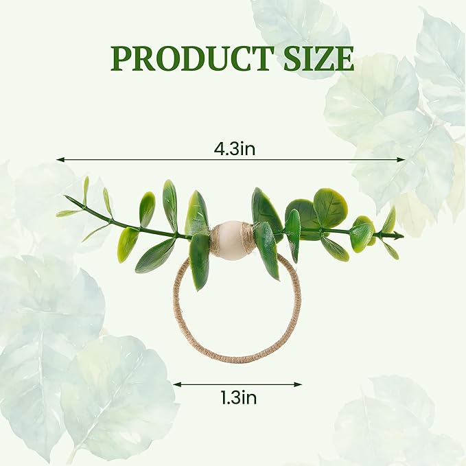 APTWOW Spring Napkin Rings Set of 12, Boho Eucalyptus Leaf Napkins Rings, Wood Bead Farmhouse Easter Napkin Holder for Weddings Christmas Party Table Decor
