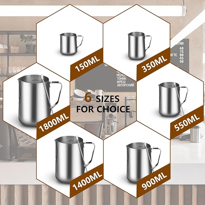 5oz Milk Frothing Pitcher-Stainless Steel Steaming Jug for Espresso, Cappuccino & Coffee-Heat-Resistant, Dripless Spout, Measurement Scale, Dishwasher Safe (150ml/5oz)