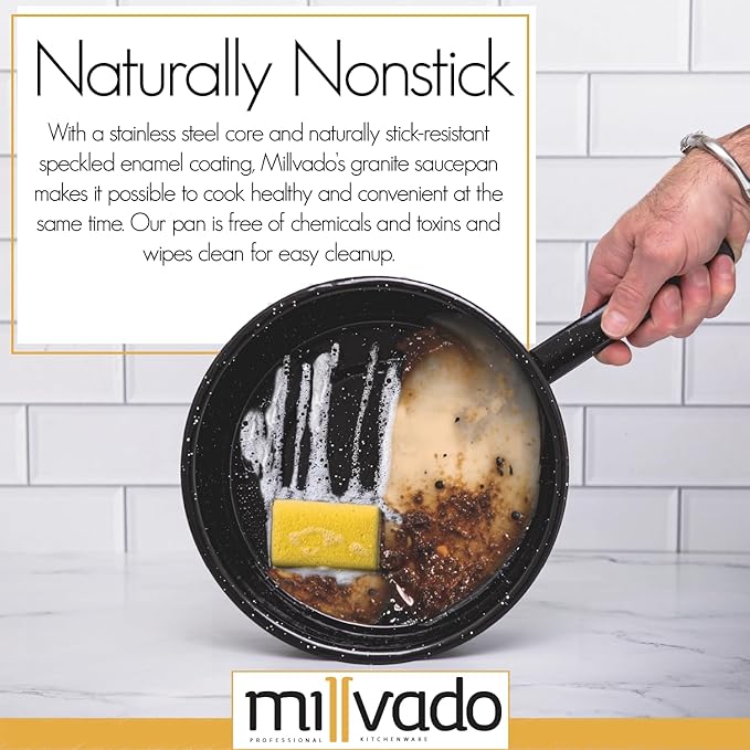 Millvado 4 Quart Granite Saucepan, Naturally Nonstick Sauce Pots, Speckled Enamel Ware Cookware, Small Sauce Pan for Cooking and Boiling - Granite Cooking Pot for Stovetop, Campfire, Outdoor Stove