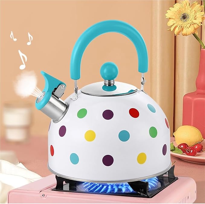 Whistling Polka Dot Tea Kettle, Food Grade Stainless Steel Teapot for Stove Top Loud Whistle Kettle for Tea, Coffee, Milk