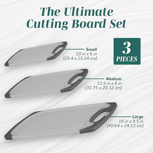 Cutting Boards for Kitchen - BPA-Free Chopping Board - Different Sizes & Non Slip Handles - Reversible, Large Cutting Board Set - Unique Gifts for Cooks Who Have Everything - 3-Pack Gray/Gray