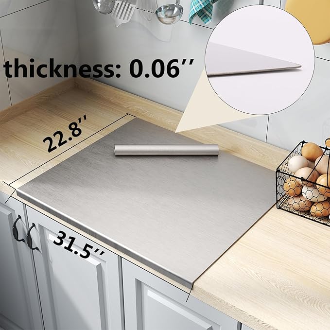 ISXACFF Stainless Steel Cutting Board with Lip 31.5" L X 22.8" W Large Cutting Board Kneading Board Pastry Board Non Stick Thick Board with Rolling Pin for Meat Fruits Vegetables Bread and Baking