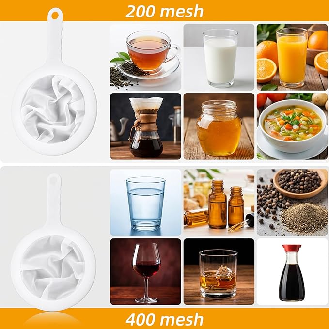 2 Pack Plastic Fine Mesh Strainer, Mesh Strainer with Handle 200&400Mesh Ultra Fine Plastic Sieve Small Kitchen Colander for Juice Yogurt Coffee Honey Milk Matcha
