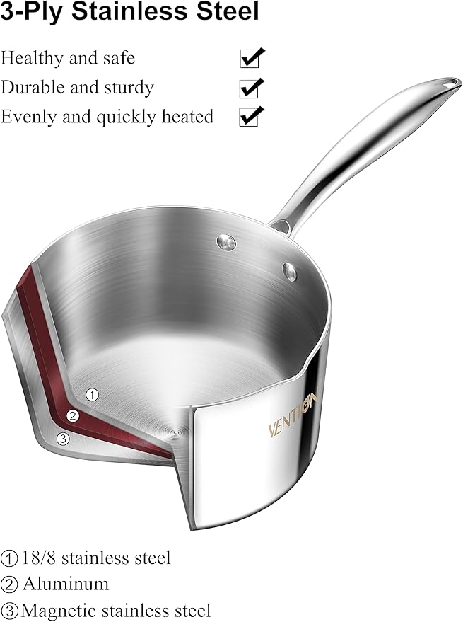 VENTION Tri-Ply Stainless Steel 1 Quart Saucepan with Lid, Bright Small Sauce Pan with Pour Spout, Small Pots for Cooking
