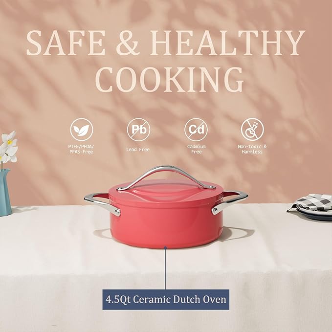 Dutch Oven Pot with Lid 4.5QT Stock Pot (9.5"x 4") Nonstick Ceramic Coated Soup Pot Non-Toxic PFAS-Free, Quick & Even Heat Distribution for Braising, Baking Bread & Stewing, Compatible for All Cooktops(Induction/Gas/Electric) Oven Safe to 500°F, Fusion...