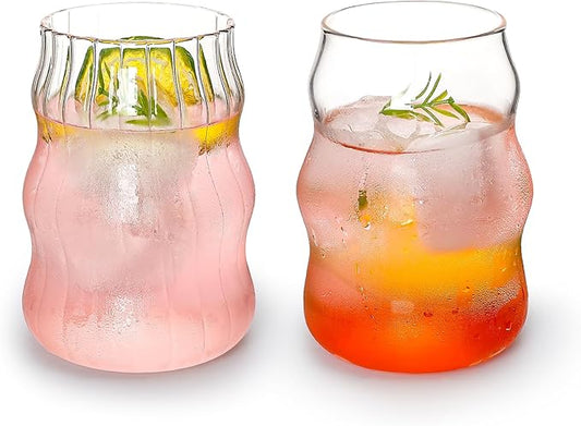 Koythin 2-Piece Ribbed Glass Cups, Vintage Drinking Glassware for Iced Coffee Juice Cocktails Milk Tea Beer, 16 oz/460 ml Cute Bubble Cup with Wave Shape (Cloudy Chubby)