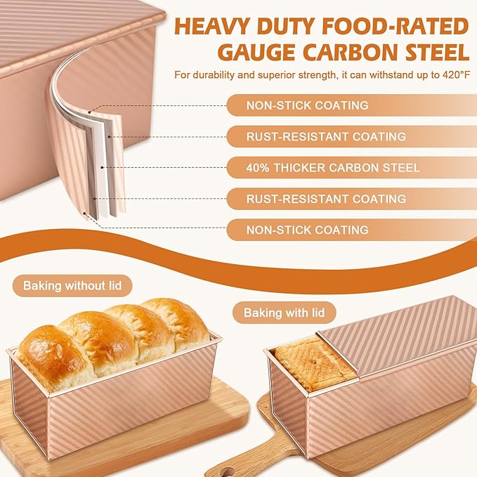 2Pack Bread Loaf Pan with Lids – 1 LB Dough Capacity, Non-Stick Carbon Steel Pullman Loaf Pan for Homemade Sandwich and Sourdough Bread, Corrugated Toast Mold Gold