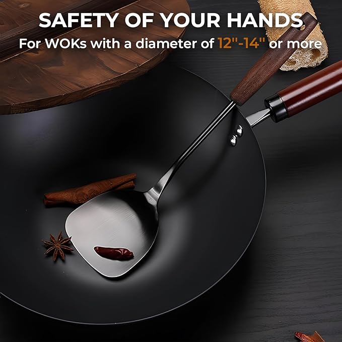 Wok Spatula and Ladle,Skimmer Ladle Tool Set,15 Inches 18/10 Stainless Steel Vintage Wok Utensils,Wok Spatula and Ladle Set with Solid Wooden Handle，Wok Accessories with Natural Cleaning Loofah Sponge