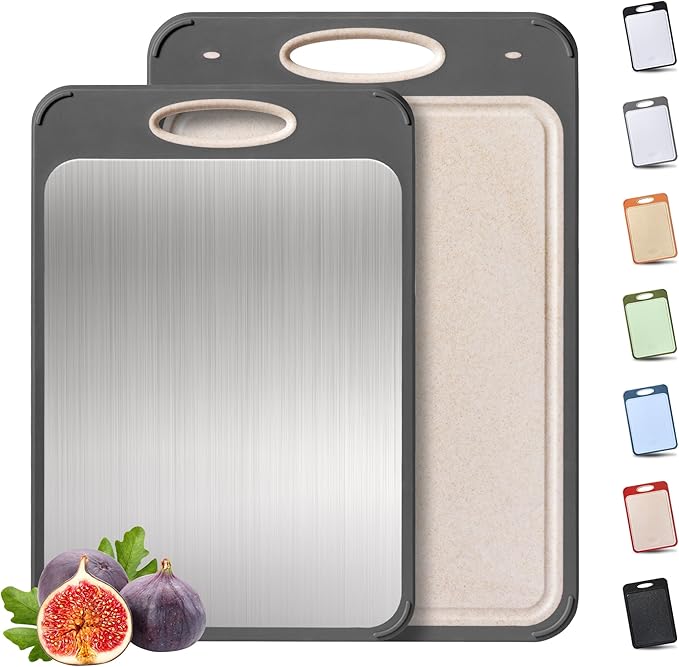 2 Packs Stainless Steel Cutting Board Set, Best Non Toxic Cutting Boards for Kitchen, Double Sided Metal Chopping Board for Meat/Fruit/Vegetables, Food Grade Kitchen Set Gift, [16”×11”+18”×12” Inch]