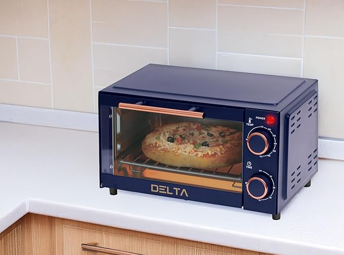 Prime Cuisine 9L Toaster Oven, Small Countertop Electric Oven 750W, 60-Min Timer Auto Shut-Off, Tempered Glass Door, 2-Knob Manual Control, Compact Toaster Ovens Countertop with Baking Tray & Rack