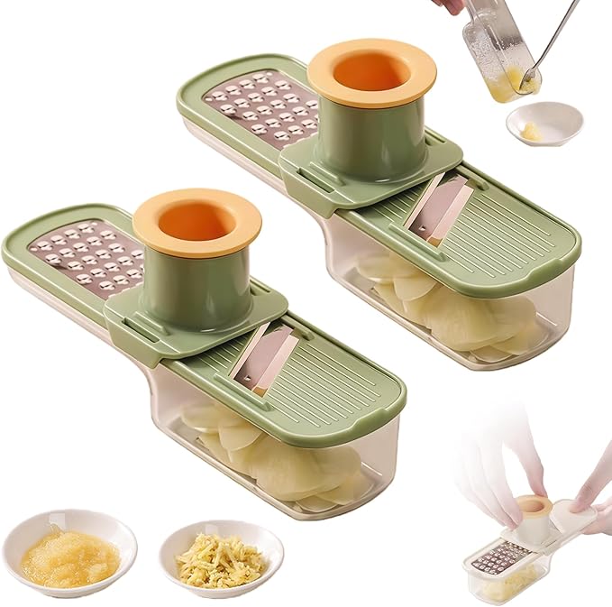 Mini Garlic Grinder, Multifunctional Garlics Grinder & Mandoline Slicer, 3-In-1 Garlic Slicer Veggie Shredder With Container, Hand Guard, For Can Grind, Slice And Shred (Green *2)