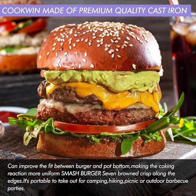 Heavy Duty Cast Iron Smash Burger Press Kit, 7" Hamburger Smasher with Non-Slip Handles, Bacon Meat Weight Press for Steak, Smashburger, Grill and BBQs