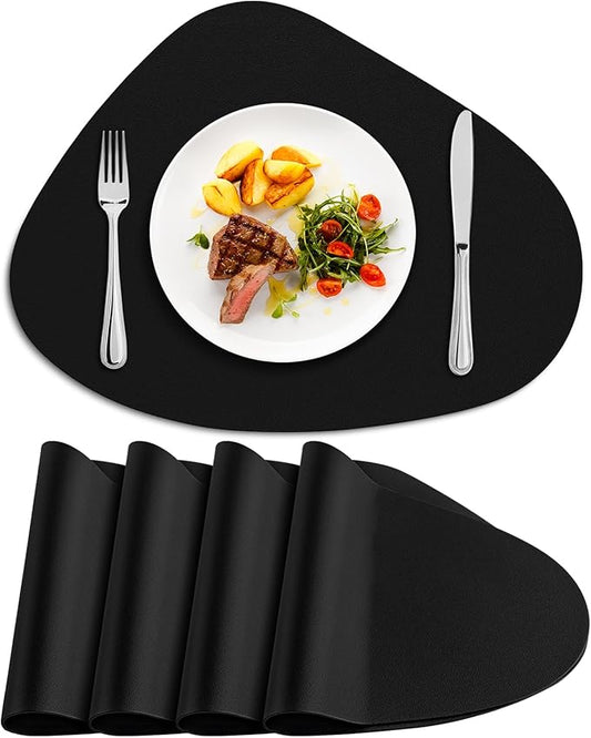 Placemats Set of 4, Heat Resistant Leather Placemats Double Layer, Soft Waterproof Round Table Mats Easy to Clean for Kitchen Dining Room Coffee Office Table, Black