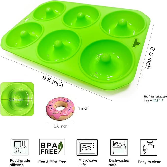 Cupidove 2PCS Silicone Donut Mold, 6 Holes BPA Free Donut Pan Baking Mold, Donut Pan for Baking Heat Resistant Doughnut Baking Pan Non-Stick Food Grade Silicone Doughnut Pan Set (Green)