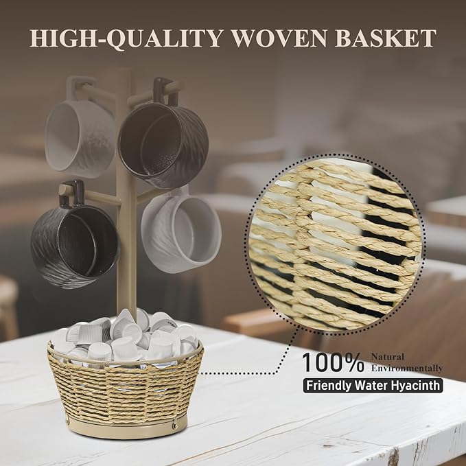 Wood Mug Holder Tree with Woven Basket, 4 Hooks Coffee Mug Holder, Countertop Mug Tree for Kitchen Counter Cabinet Coffee Bar Accessories Cup Display Organizer Hanger(Brown)