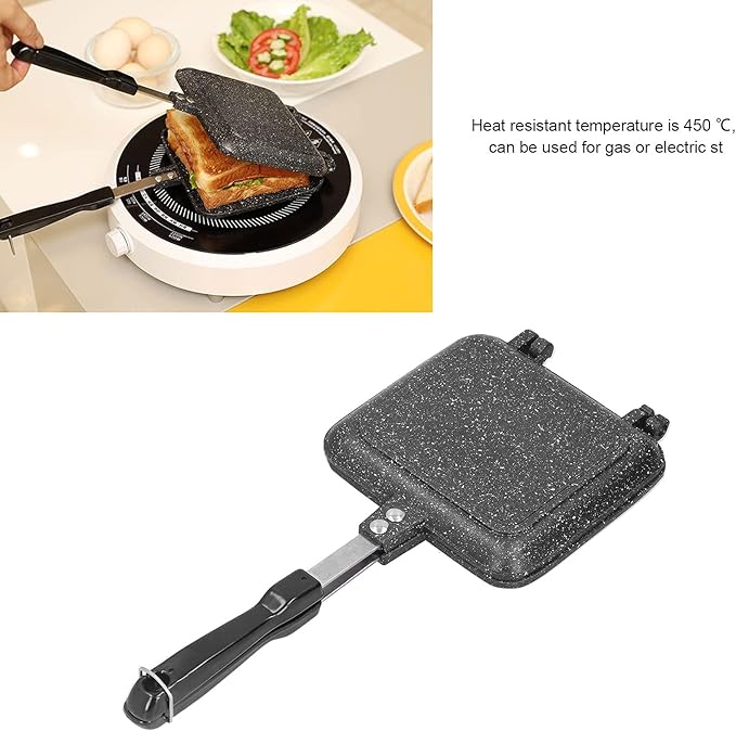 Cyrank Double Sided Frying Pan, Aluminum Hot Sandwich Panini Maker Grilled Cheese Maker Nonstick Sandwich Toaster Press Stovetop Flip Grill Pan for Home Kitchen