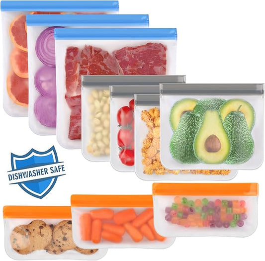 Lerine 10 Pack Dishwasher Safe Reusable Bags, Leakproof Reusable Freezer Bags, BPA Free Food Storage Bags for Marinate Food Travel - 3 Gallon 4 Sandwich 3 Snack