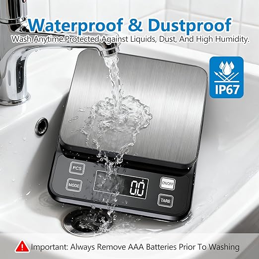 IPX7 Waterproof Kitchen Scale | 0.01oz/0.1g Precision Food Scale, 11lb/5kg | Stainless Steel, Battery-Powered & Washable (Batteries Included) | for Cooking, Baking