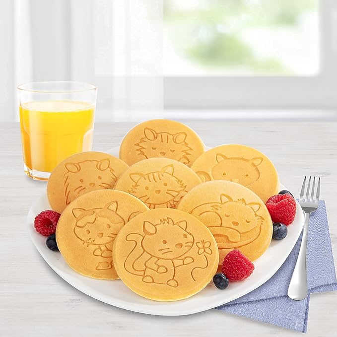 Kitty Friends Mini Pancake Pan - Make 7 Unique Flapjack Cat Designs, Nonstick Pan Cake Maker Griddle w Long Handle for Breakfast Animal Kitten Fun- Easy Cleanup, Fun Kids Gift or Party Dessert Treat